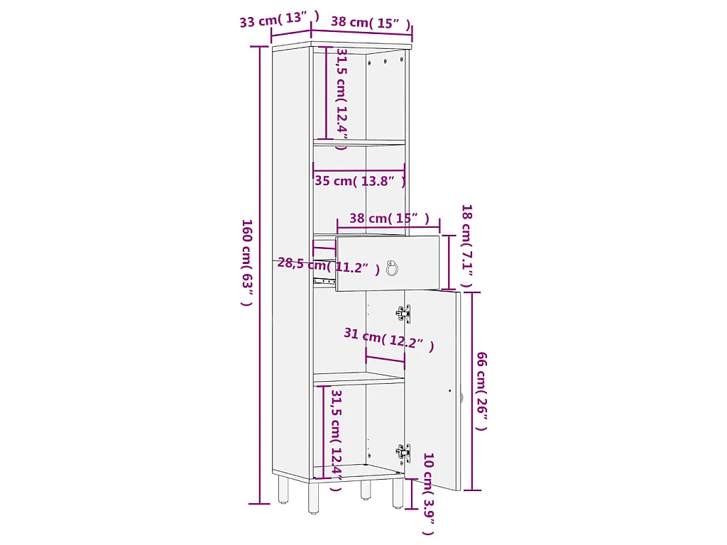 Armoire de salle de bain 38x33x160 cm bois massif de manguier
