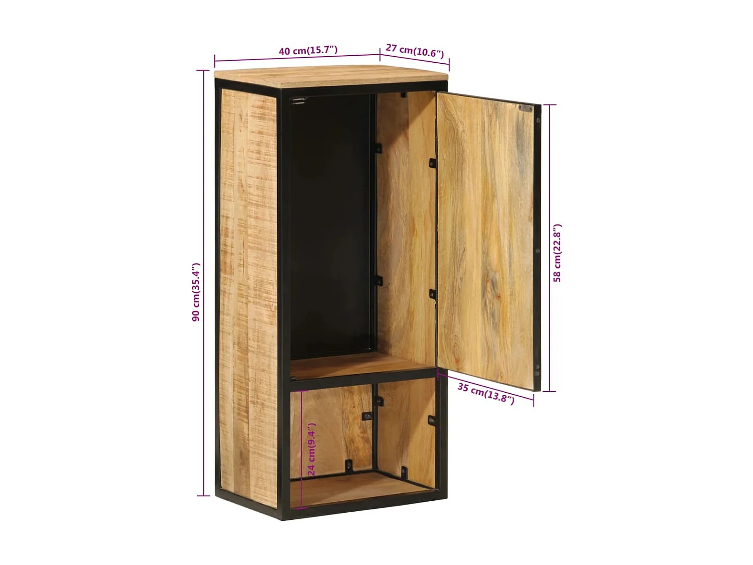 Armoire de salle de bain 40x27x90cm bois massif manguier et fer
