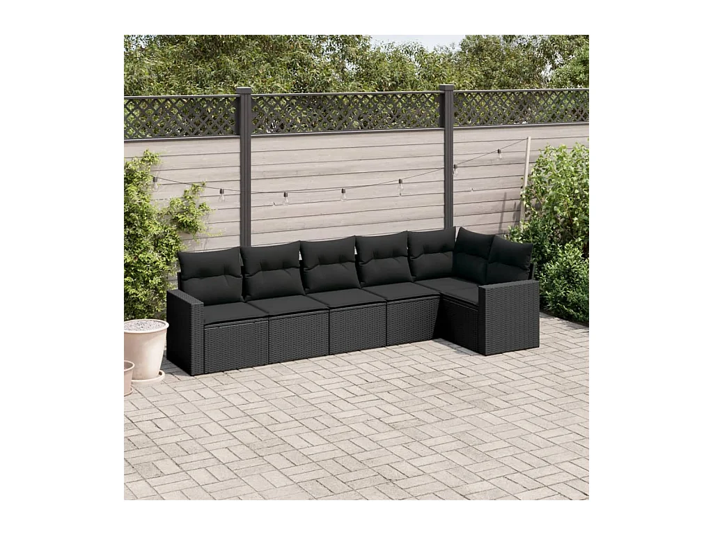 6-delige Loungeset met kussens poly rattan zwart