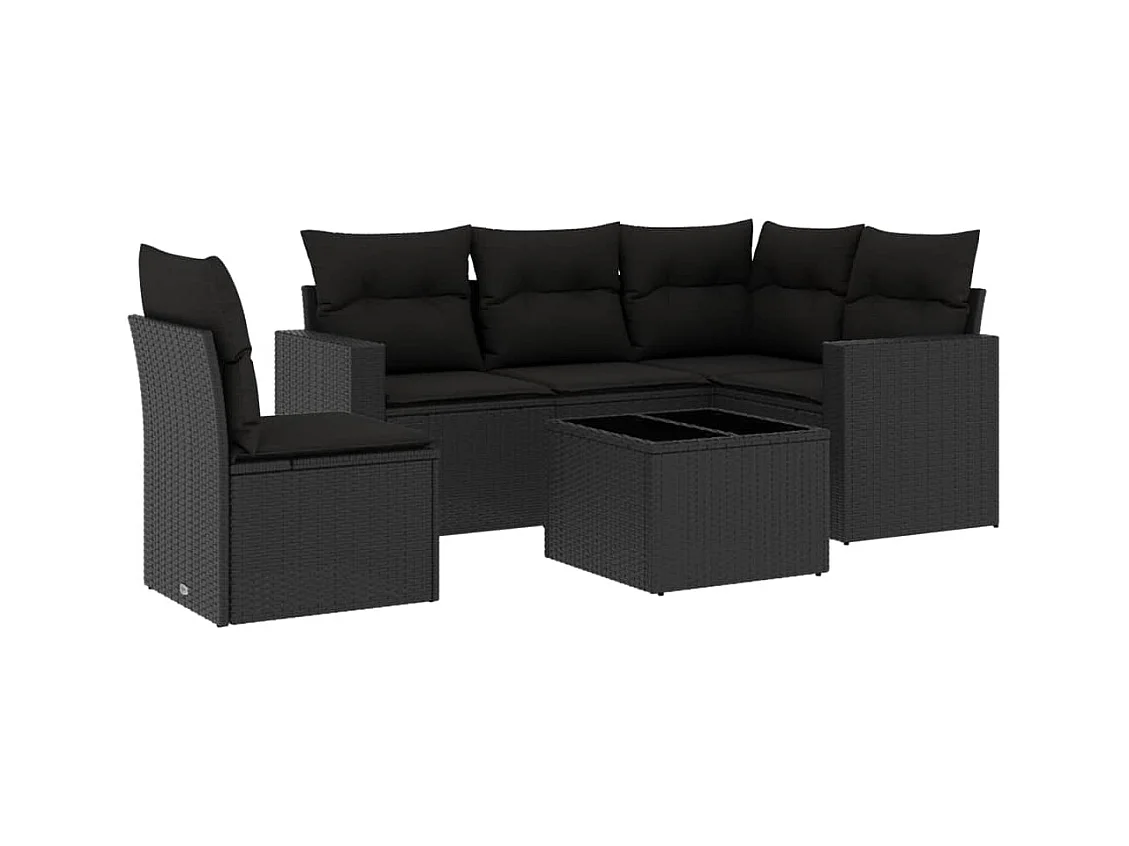 6-delige Loungeset met kussens poly rattan zwart