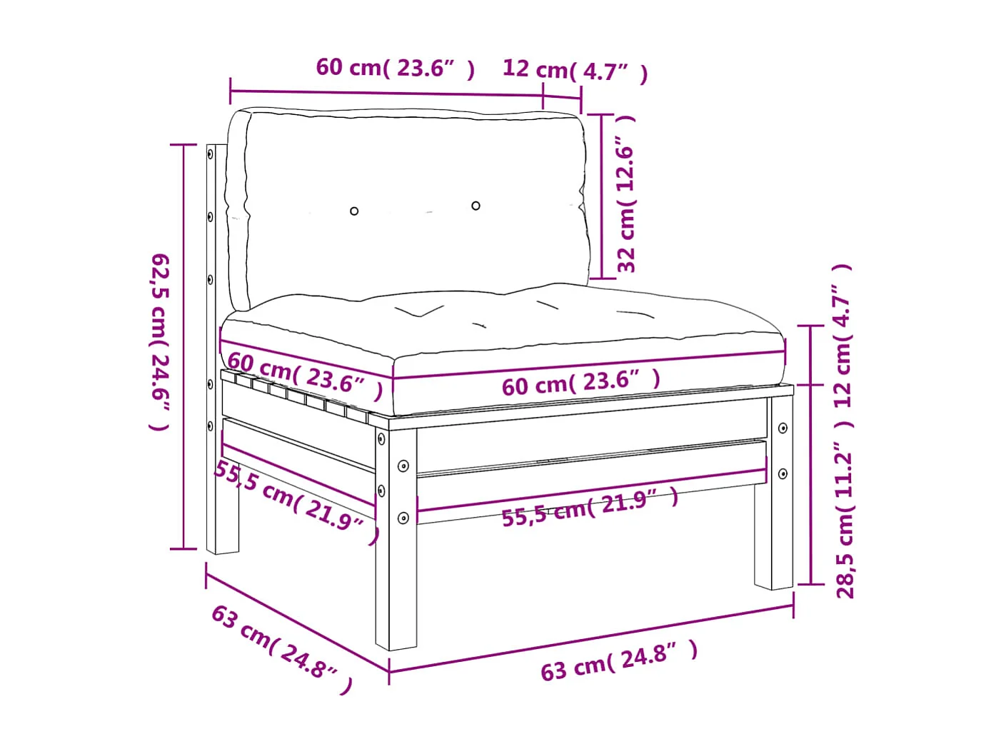 Gartensofa ohne Armlehnen mit Kissen Kiefernholz