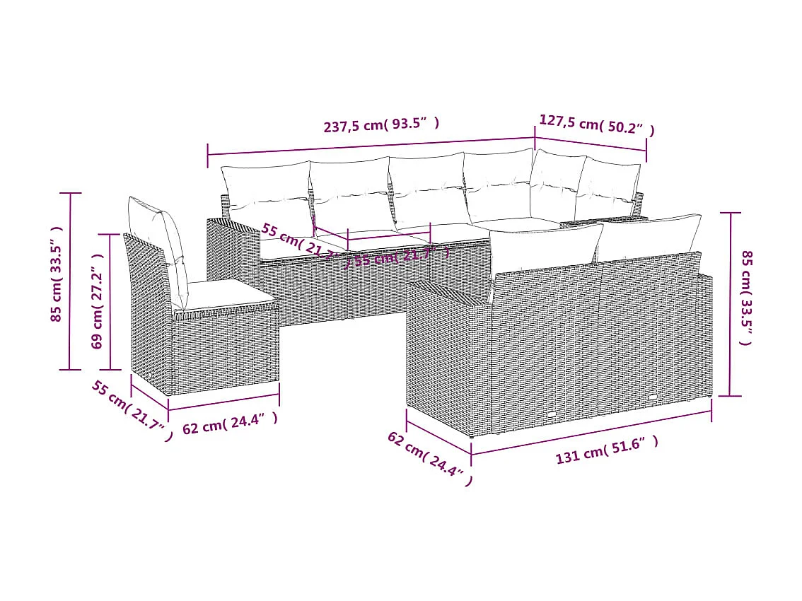 8 pcs conjunto sofás de jardim com almofadões vime PE preto