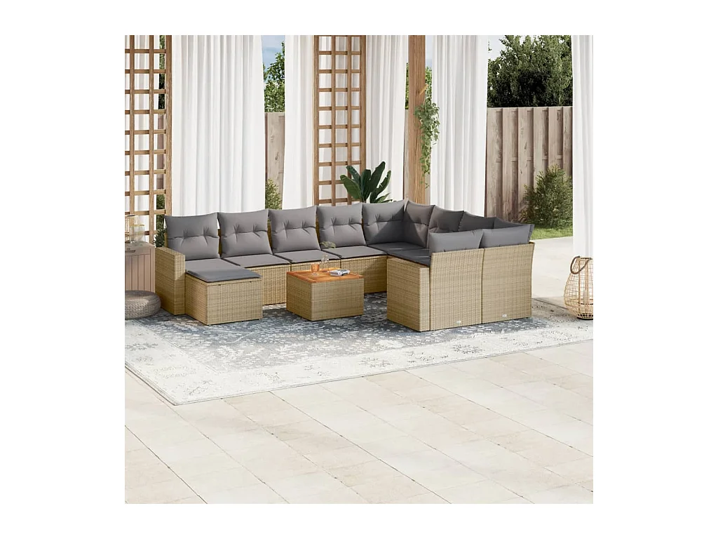 Salon de jardin 11 pcs avec coussins beige résine tressée