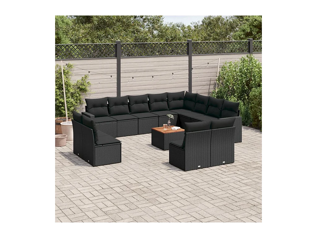 Set Divani da Giardino 13pz con Cuscini Nero in Polyrattan