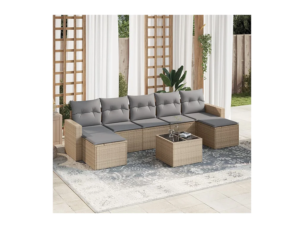 Salon de jardin avec coussins 8 pcs beige résine tressée