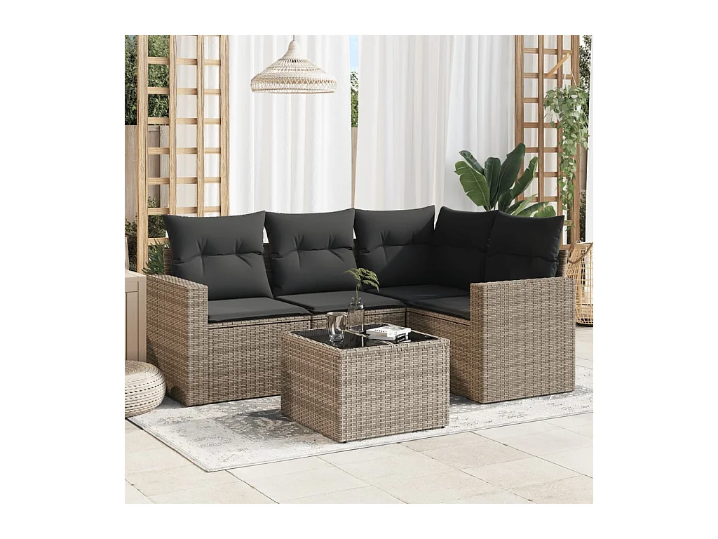 5-delige Loungeset met kussens poly rattan grijs