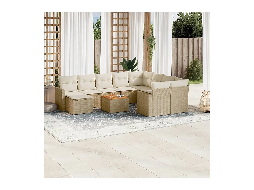 11-tlg. Garten-Sofagarnitur mit Kissen Beige Poly Rattan