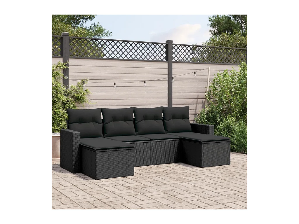 Salon de jardin 6 pcs avec coussins noir résine tressée