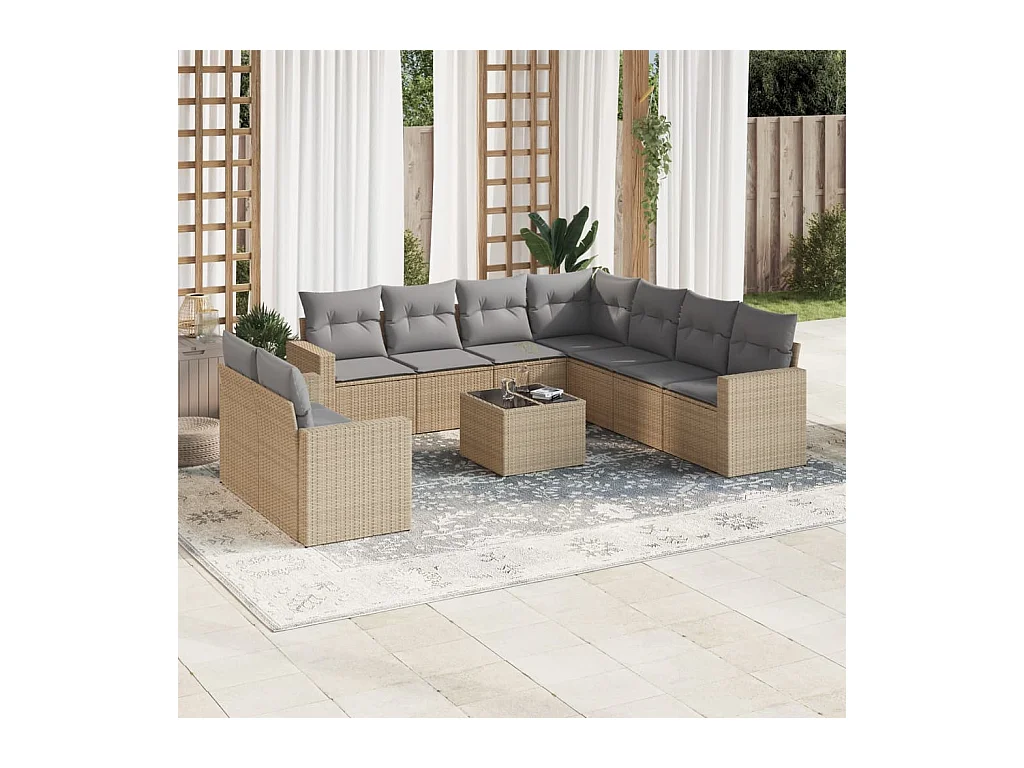 Salon de jardin avec coussins 10 pcs beige résine tressée