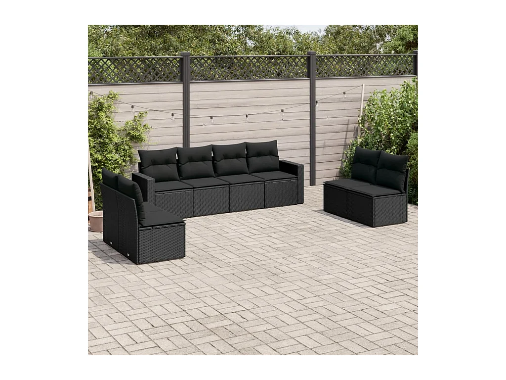 Salon de jardin 8 pcs avec coussins noir résine tressée