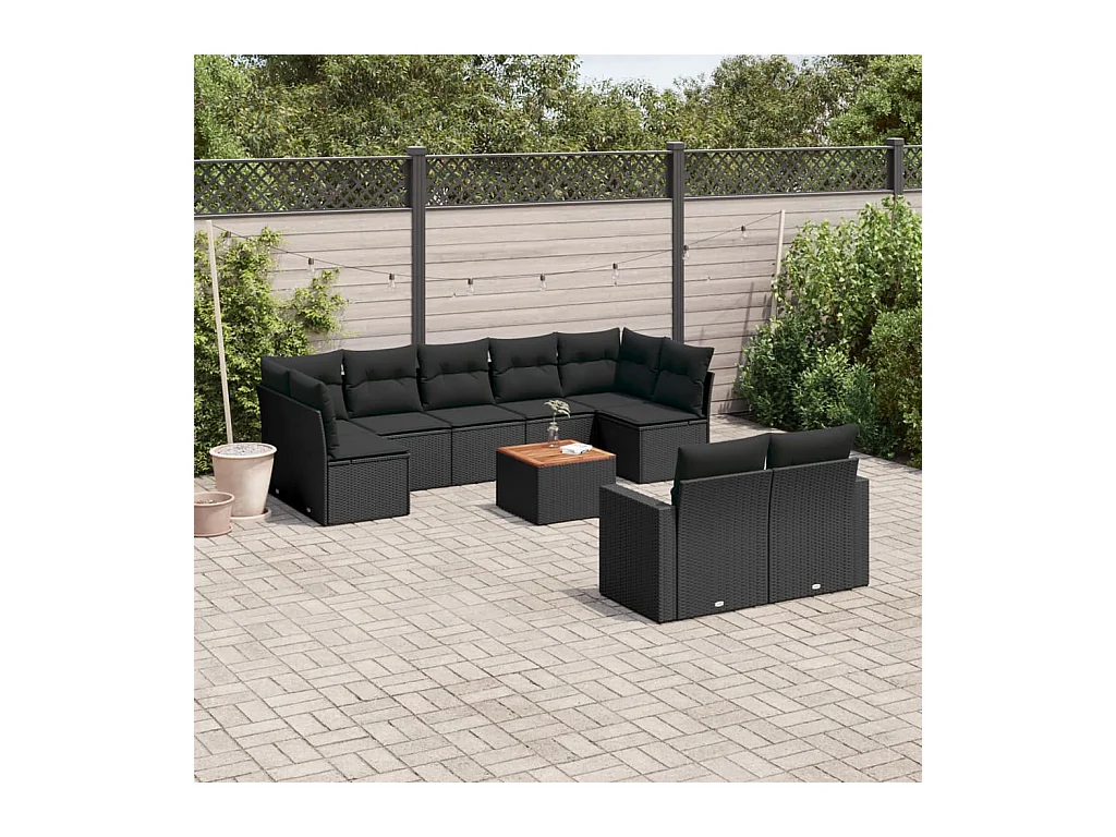 Set Divani da Giardino 10pz con Cuscini in Polyrattan Nero