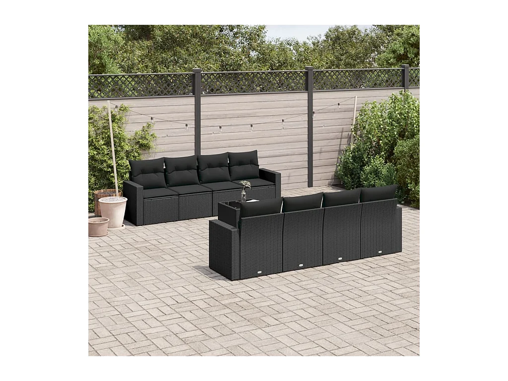 9-delige Loungeset met kussens poly rattan zwart