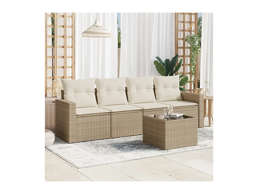 Set Divano da Giardino 5 pz con Cuscini Beige in Polyrattan
