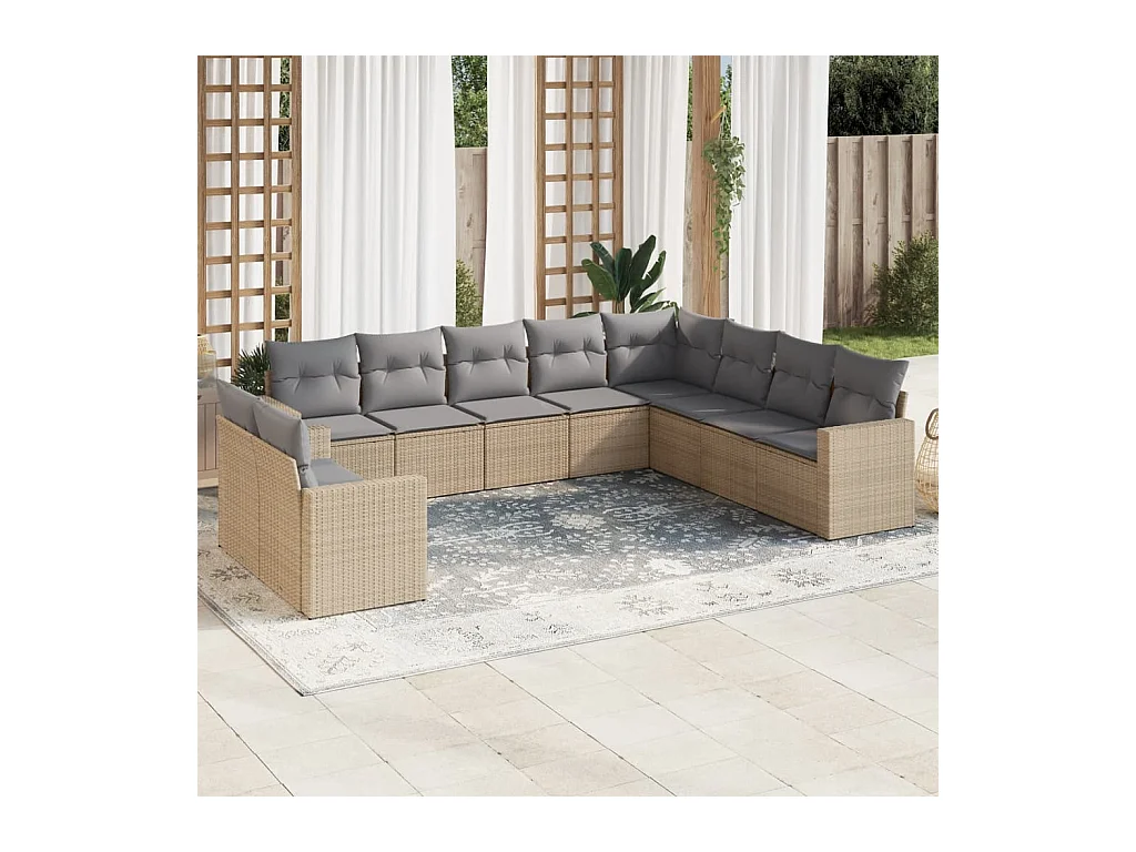 10-tlg. Garten-Sofagarnitur mit Kissen Beige Poly Rattan
