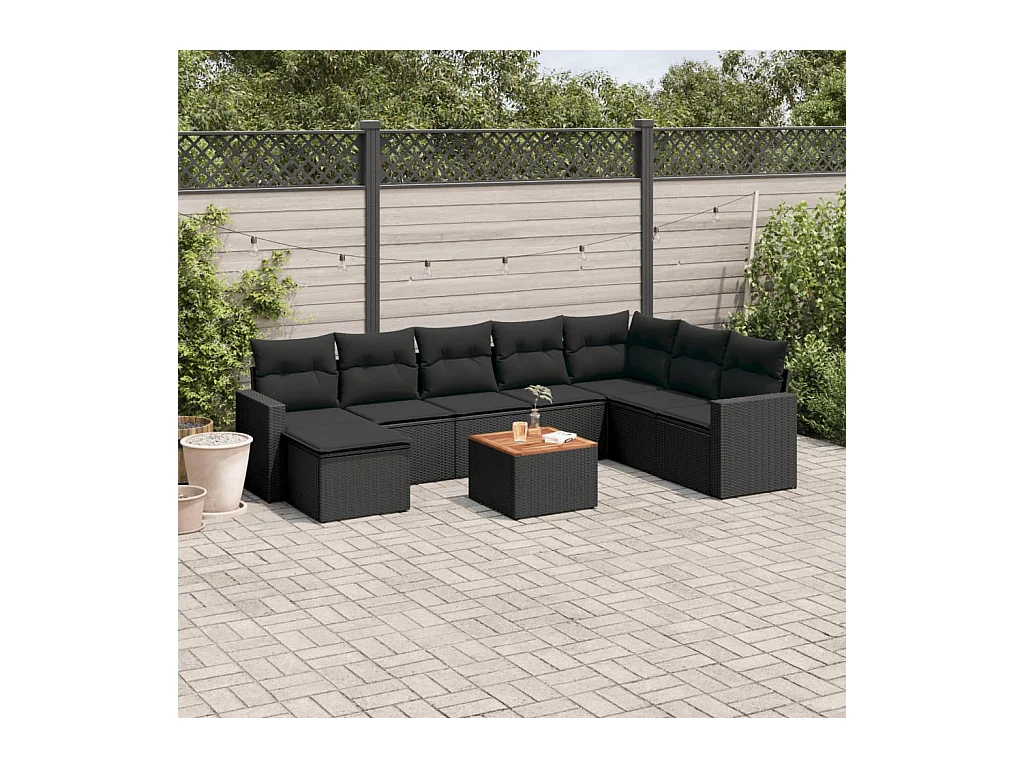 Set Divani da Giardino 9 pz con Cuscini Nero in Polyrattan