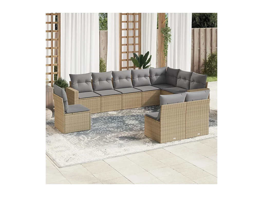 Salon de jardin avec coussins 10 pcs beige résine tressée