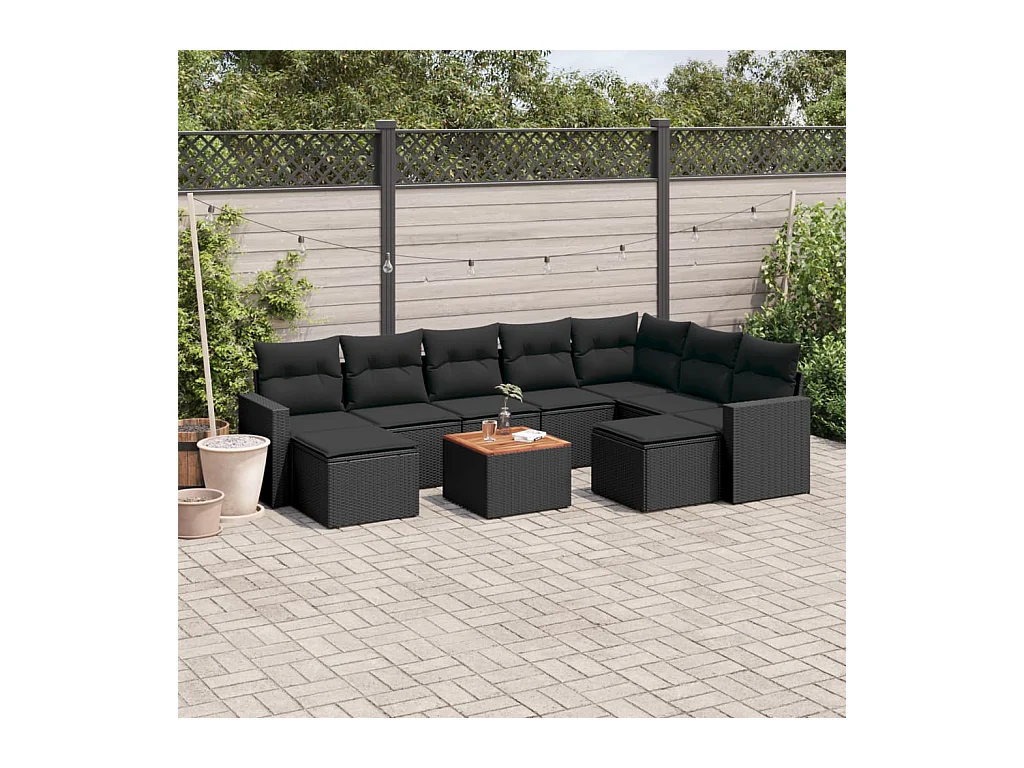 Salon de jardin 10 pcs avec coussins noir résine tressée