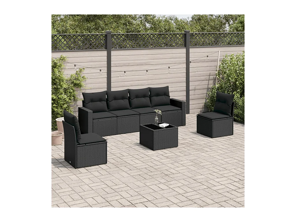 Set Divani da Giardino con Cuscini 7pz Nero Polyrattan