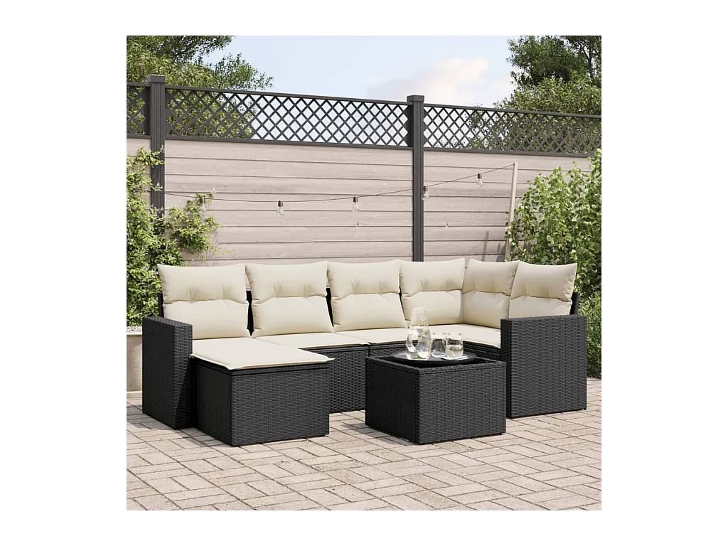 Set de comedor de jardín 7 pzas y cojines ratán sintético negro