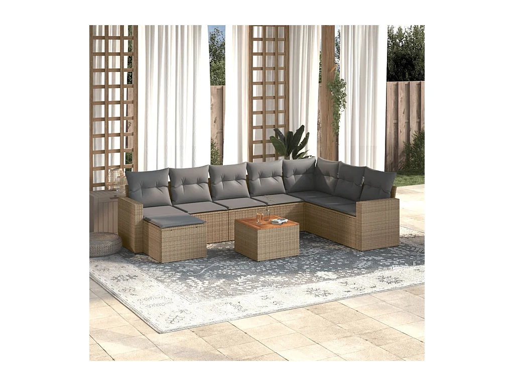 Set de sofás de jardín 9 pzas con cojines ratán sintético beige