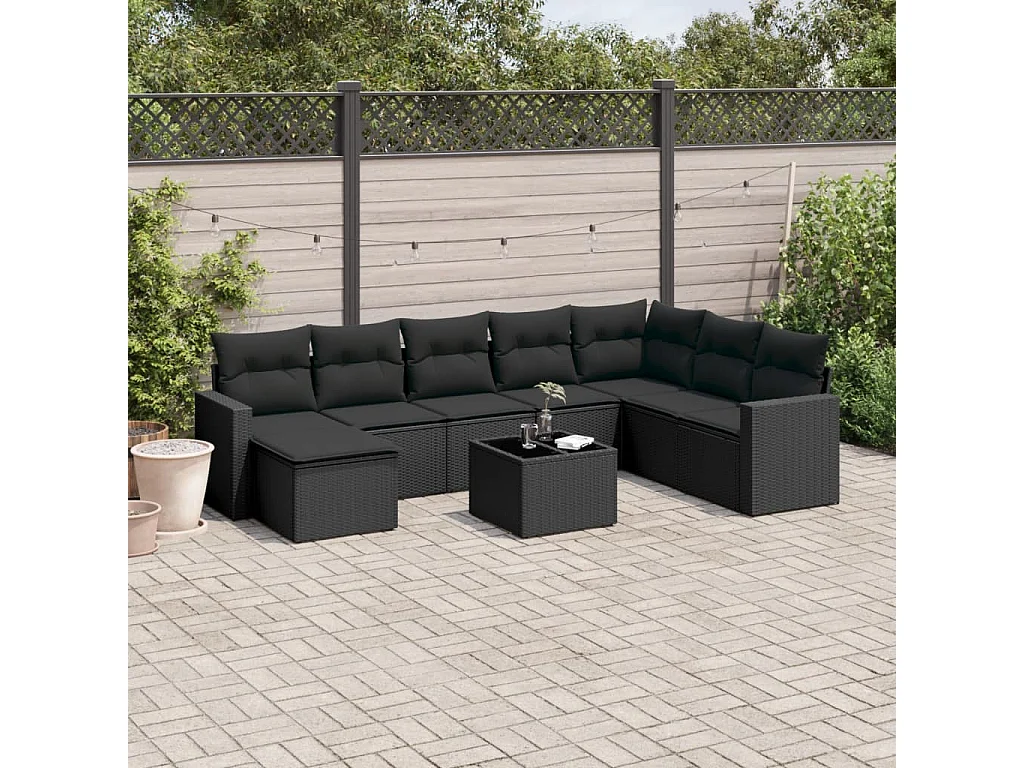 9-delige Loungeset met kussens poly rattan zwart