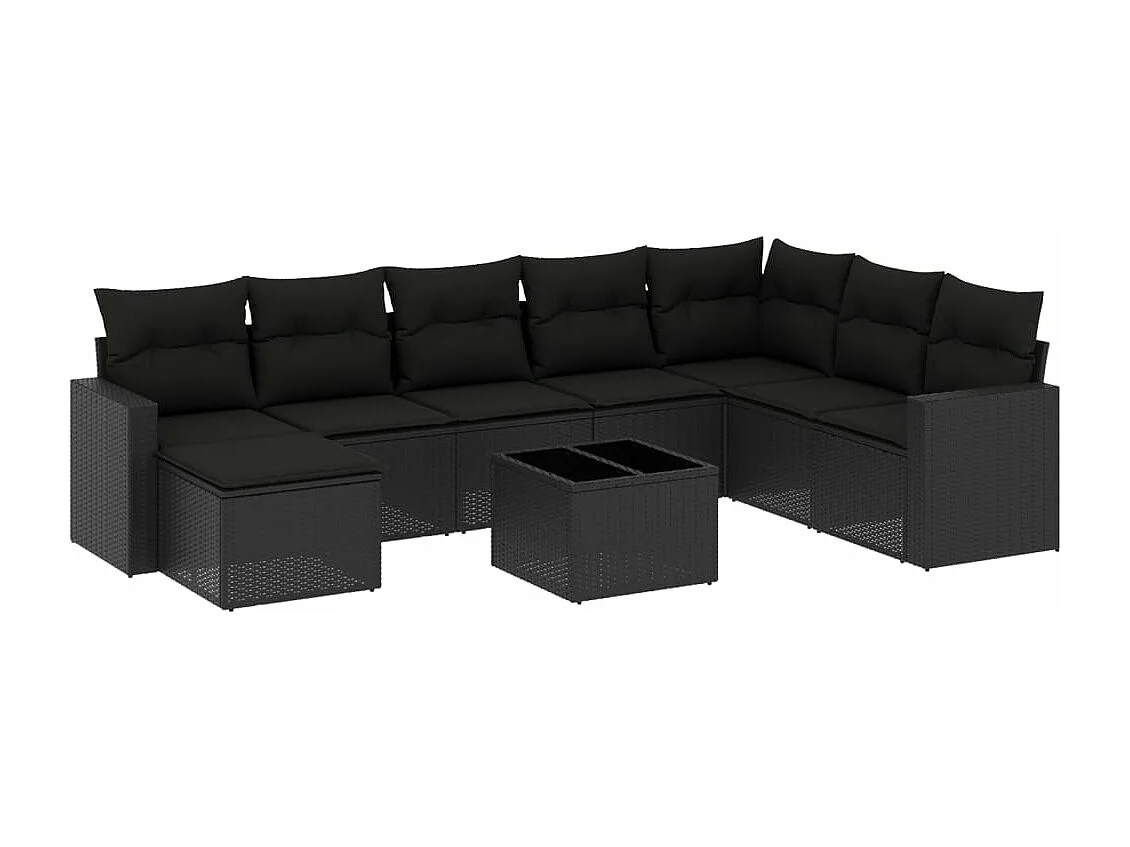 9-delige Loungeset met kussens poly rattan zwart