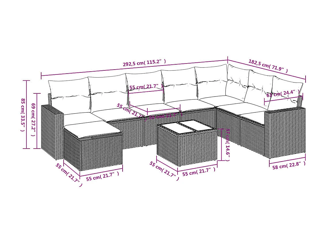 9-delige Loungeset met kussens poly rattan zwart