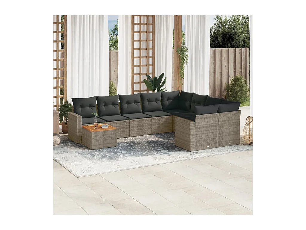 Salon de jardin avec coussins 10 pcs gris résine tressée
