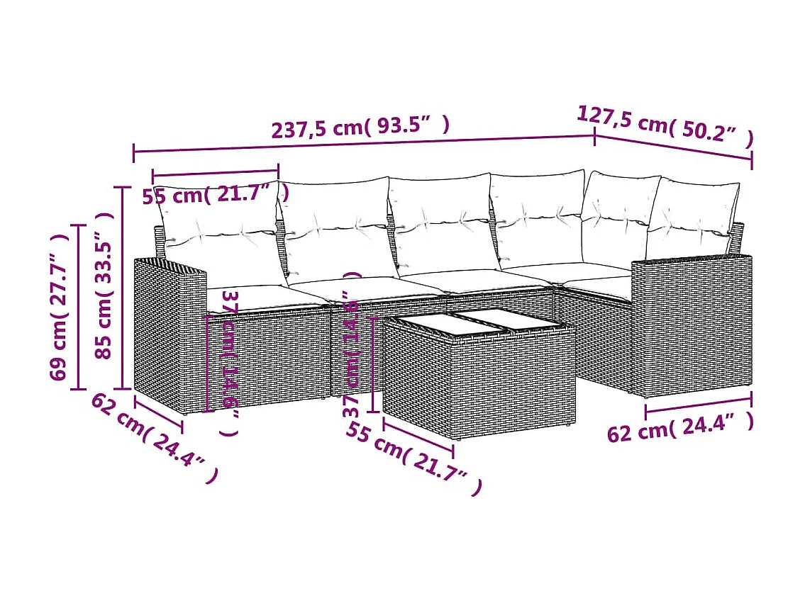 6-tlg. Garten-Sofagarnitur mit Kissen Schwarz Poly Rattan