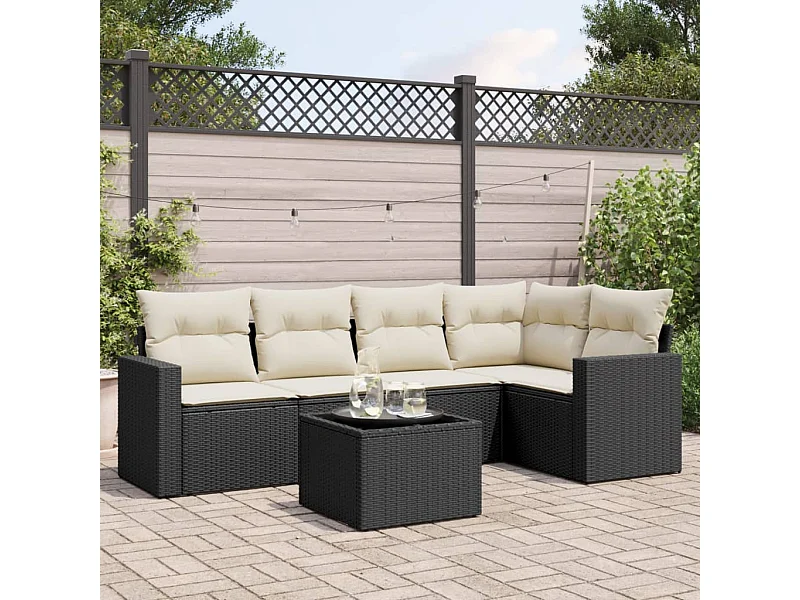 Salon de jardin 6 pcs avec coussins noir résine tressée