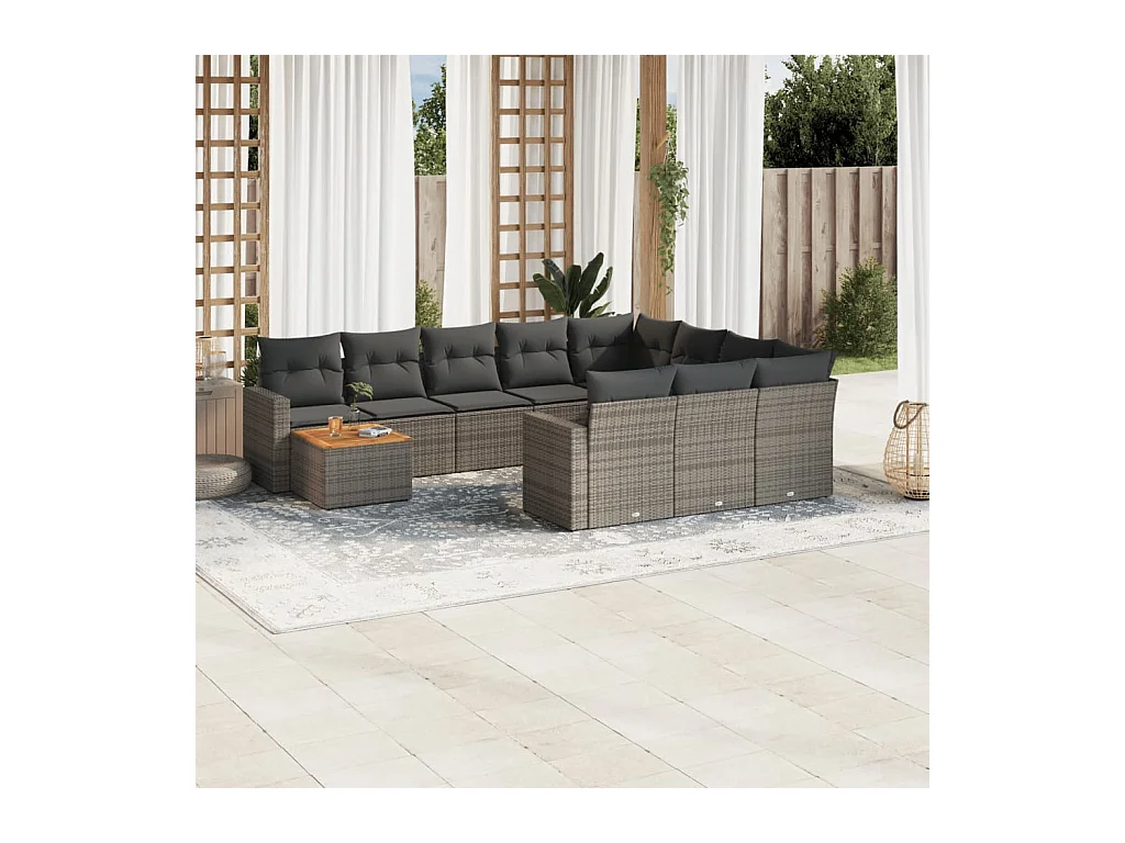 Salon de jardin 11 pcs avec coussins gris résine tressée
