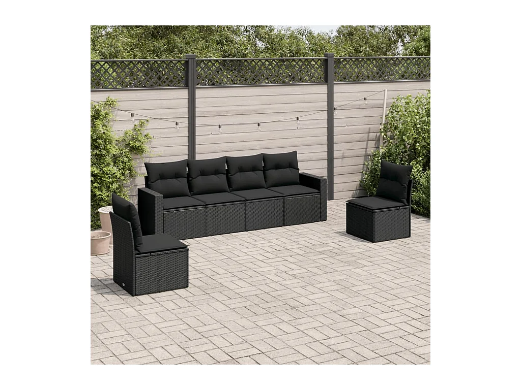 6-tlg. Garten-Sofagarnitur mit Kissen Schwarz Poly Rattan