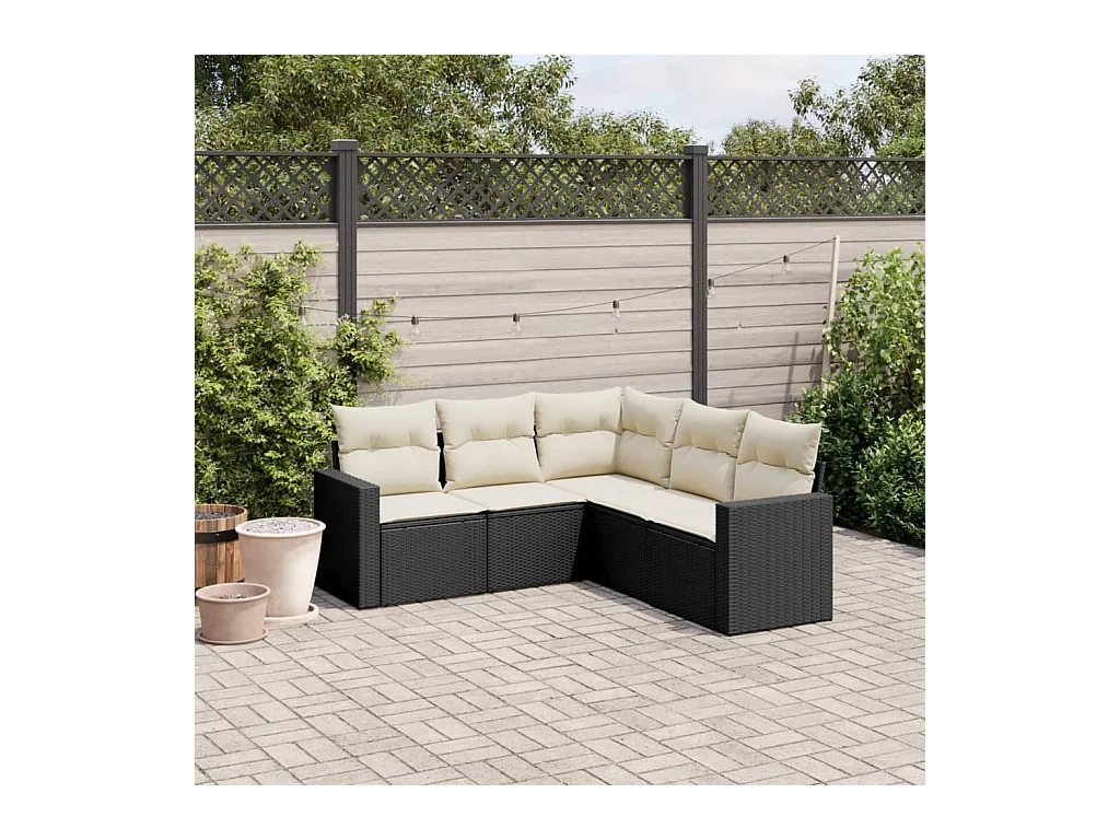 5-delige Loungeset met kussens poly rattan zwart