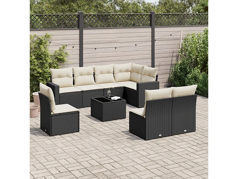 9 pcs conjunto de sofás p/ jardim c/ almofadões vime PE preto