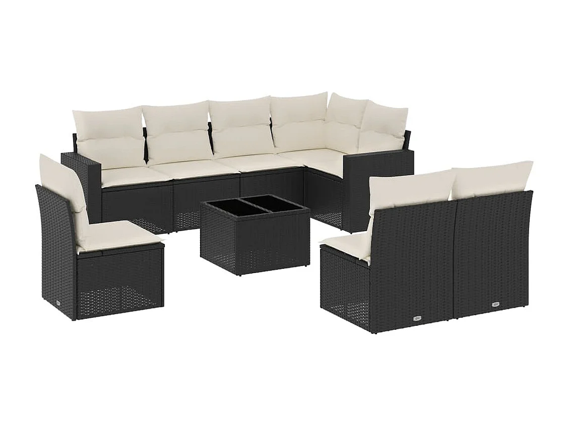 Salon de jardin 9 pcs avec coussins noir résine tressée