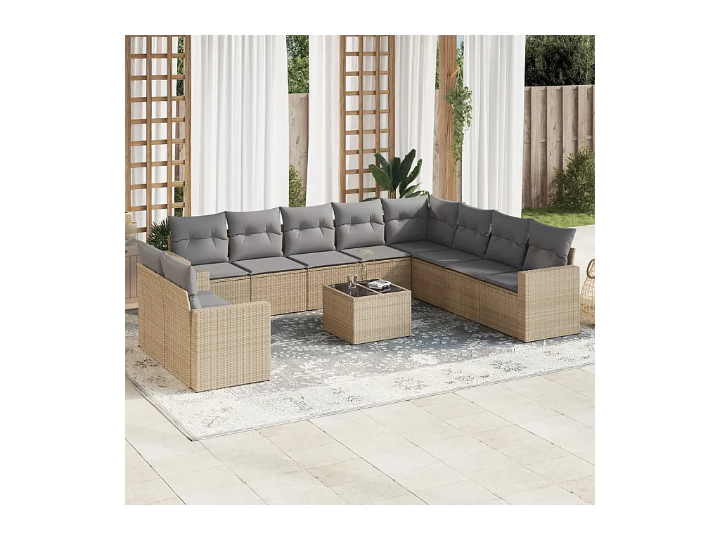 Salon de jardin 11 pcs avec coussins beige résine tressée