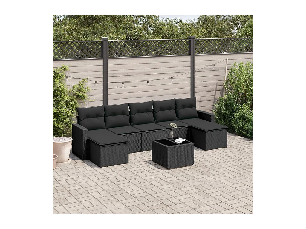 Salon de jardin 8 pcs avec coussins noir résine tressée