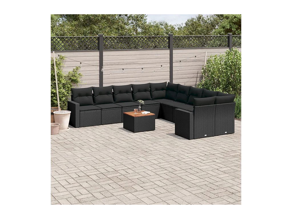 Salon de jardin 11 pcs avec coussins noir résine tressée