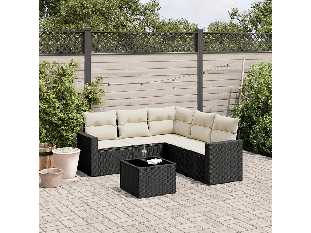 Salon de jardin 6 pcs avec coussins noir résine tressée