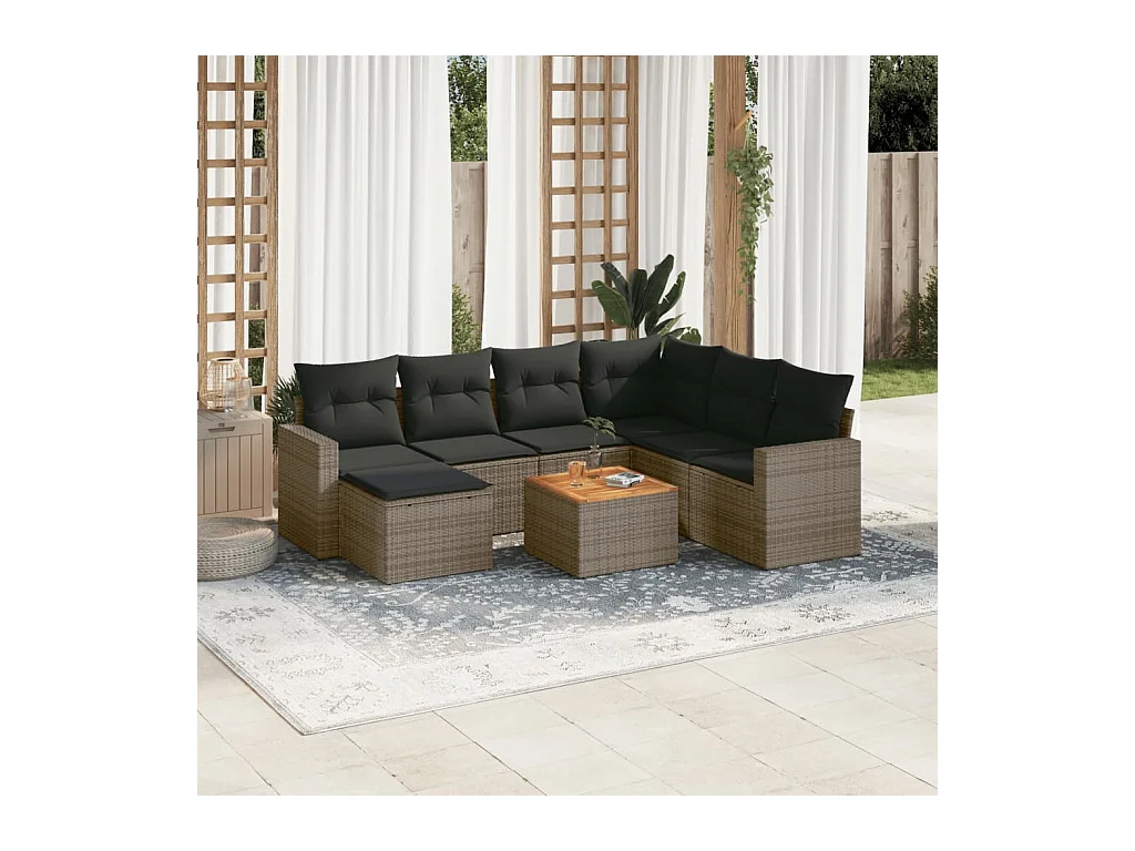 Salon de jardin 8 pcs avec coussins gris résine tressée