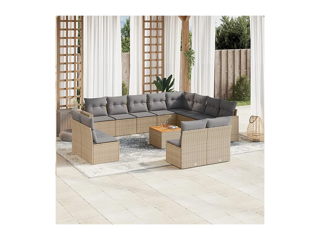 Salon de jardin avec coussins 13 pcs beige résine tressée
