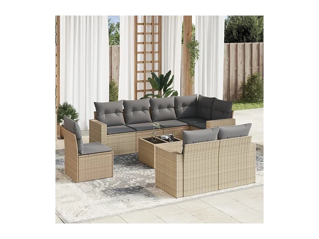9 pcs conjunto de sofás p/ jardim com almofadões vime PE bege