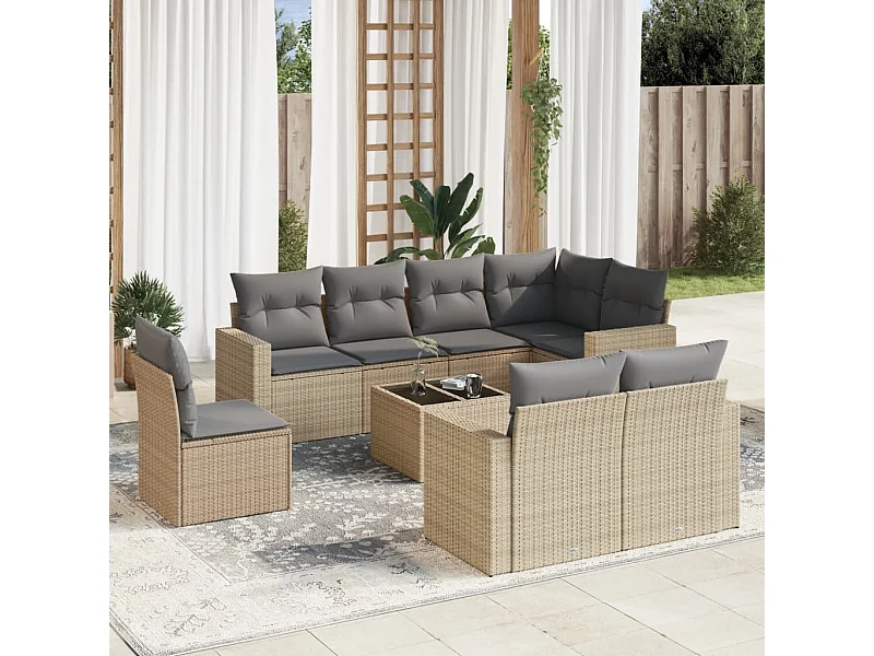 Set Divano da Giardino 9 pz con Cuscini Beige in Polyrattan