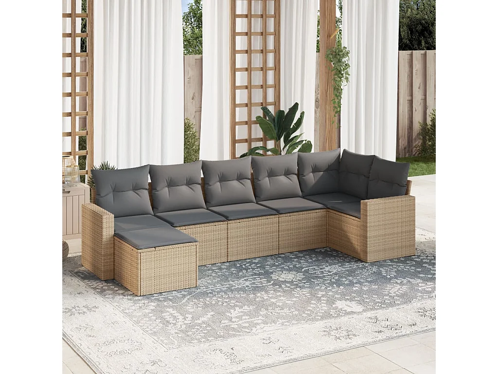 Salon de jardin avec coussins 7 pcs beige résine tressée
