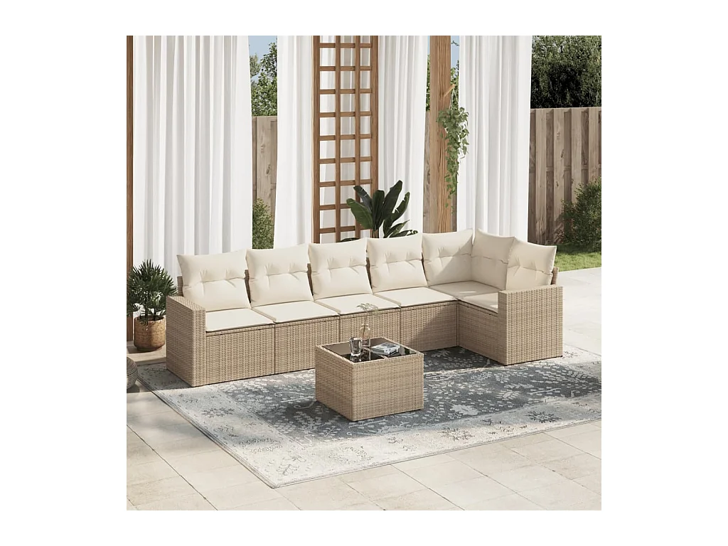 7-delige Loungeset met kussens poly rattan beige