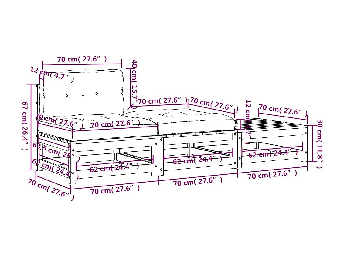 Gartensofa ohne Armlehnen mit Kissen und Hockern