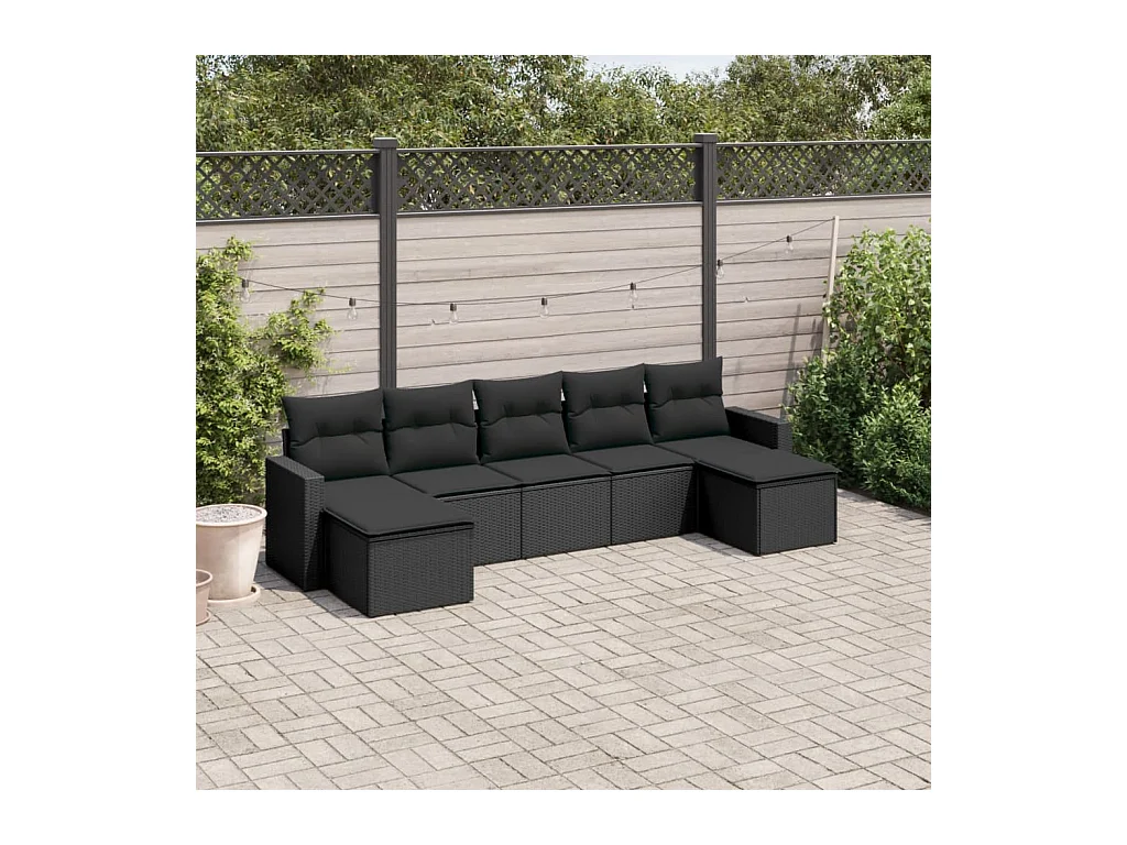 Salon de jardin 7 pcs avec coussins noir résine tressée