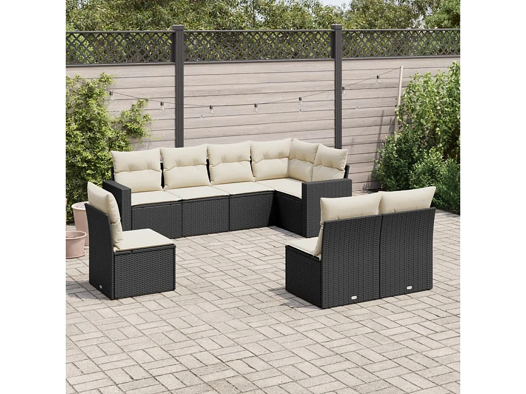 8-delige Loungeset met kussens poly rattan zwart