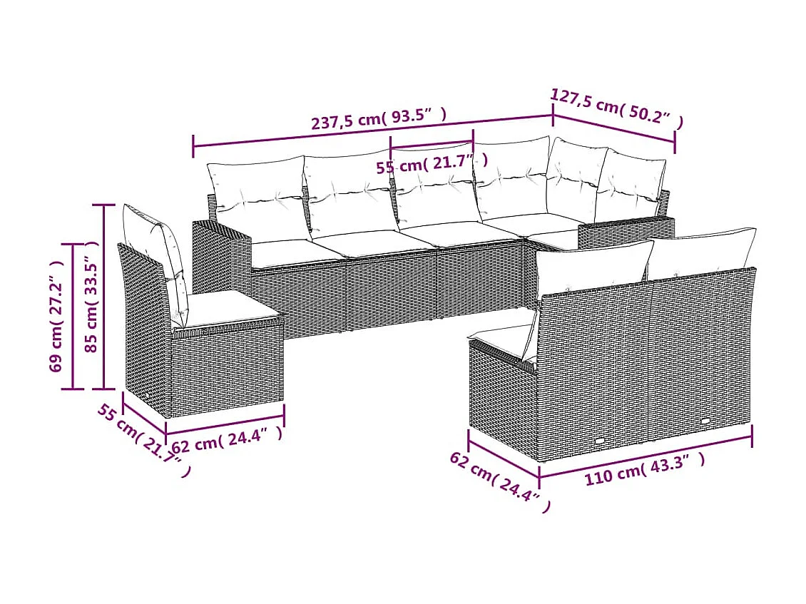 8-delige Loungeset met kussens poly rattan zwart
