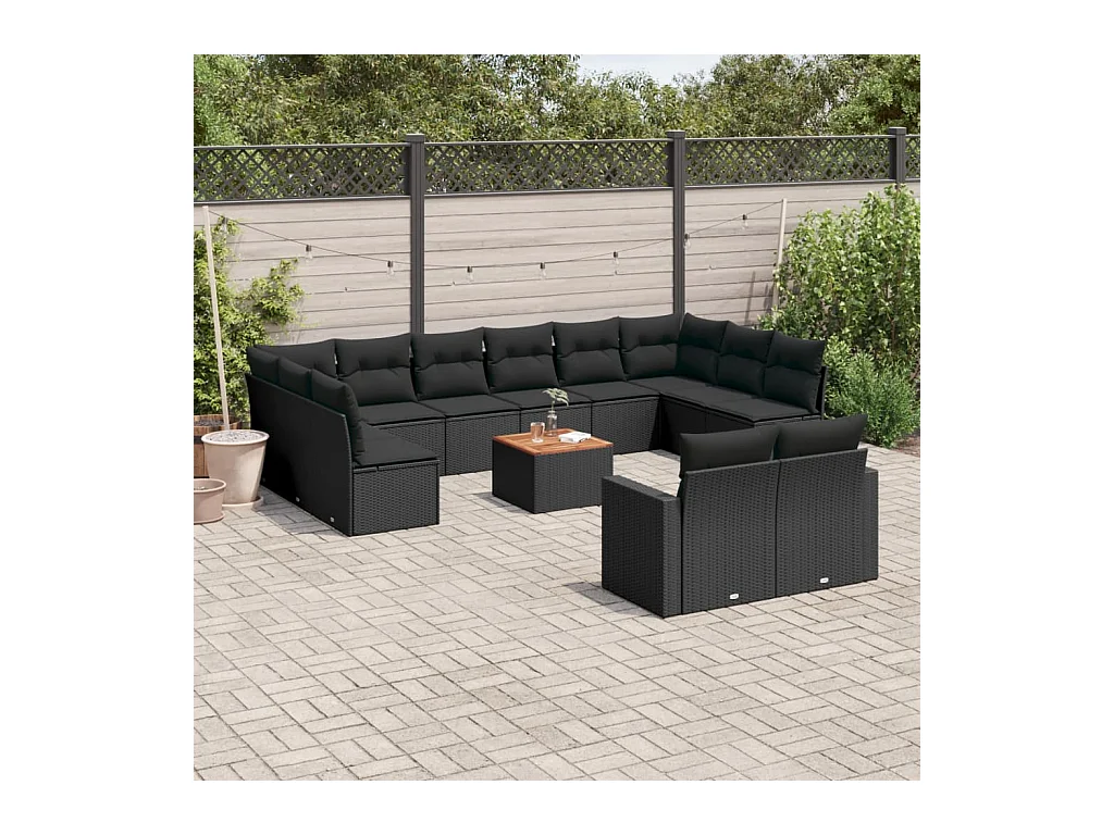 Salon de jardin avec coussins 13 pcs noir résine tressée